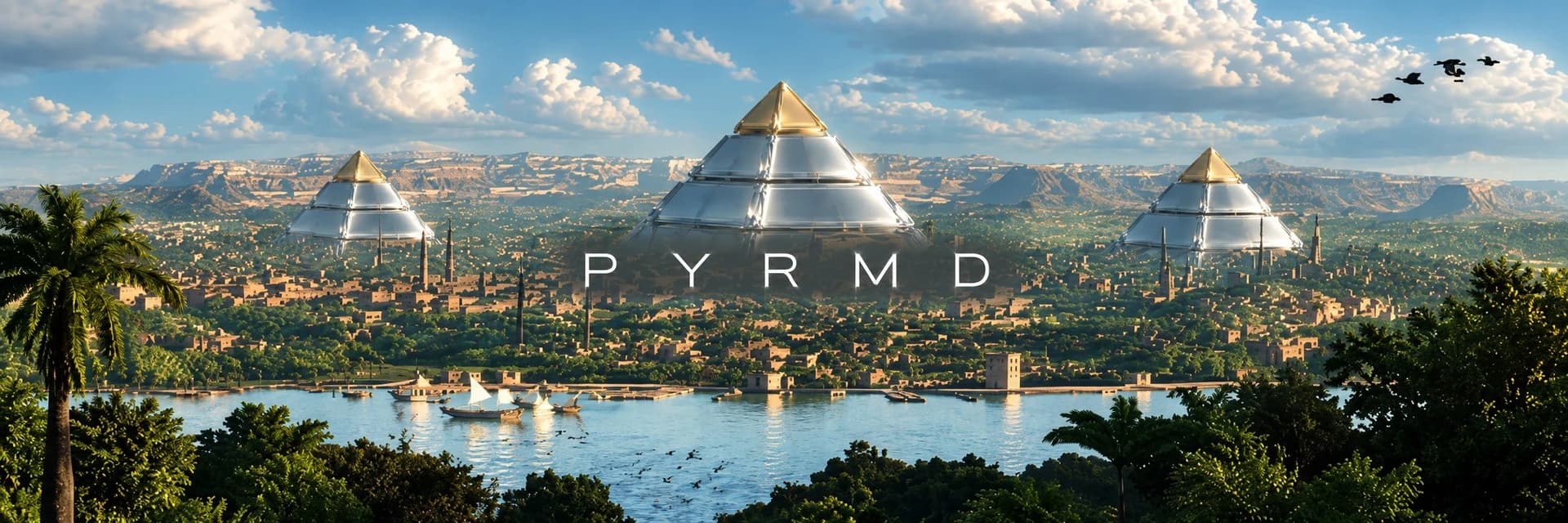 Silver pyramids with gold capstones overlooking a sunlit river city
